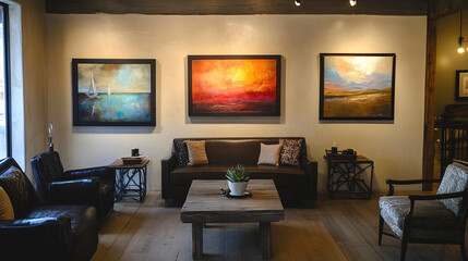three art displayed in modern vintage living room