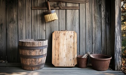 Naklejka premium Rustic wooden porch, old buckets, brush, plank.