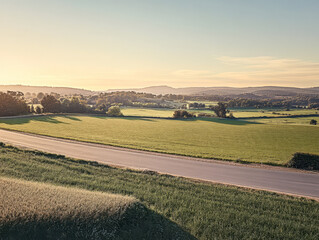 Fototapeta premium Beautiful sunset over rolling green fields and a winding rural road