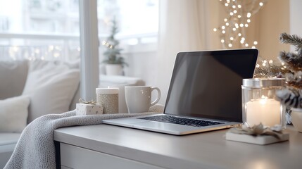 Cozy winter workspace with laptop, candles, and warm drink on a decorated desk.