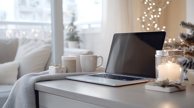 Cozy winter workspace with laptop, candles, and warm drink on a decorated desk.