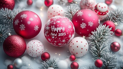 Festive Christmas Ornament Display with Happy New 2025 Message