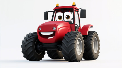 3D cartoon, a happy red tractor character with large black wheels, on a white background 