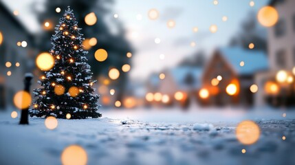 Naklejka premium A majestic Christmas tree adorned with twinkling lights, baubles, and garlands, standing tall in a snow covered town square, surrounded by festive decorations and glowing lanterns.