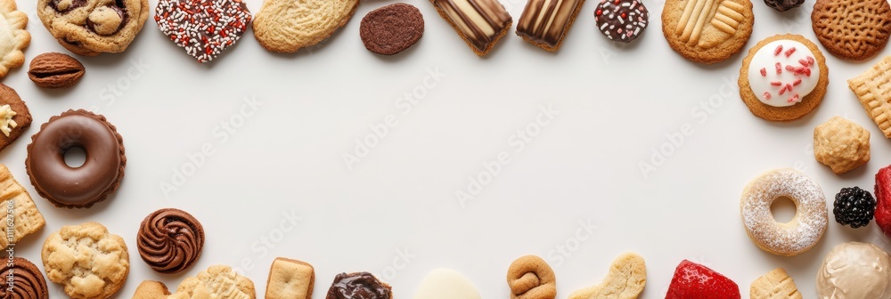 Poster A colorful array of cookies and sweets arranged around an empty space, ideal for adding personalized messages or details. Generative AI