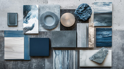 interior design moodboard, sophisticated, concrete, deep sea elements, reef, indigo blue, steel, glass, fishing net, white linen