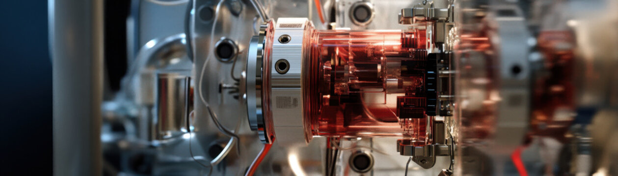 Close up of complex ECMO machine component showcasing intricate design and technology. transparent casing reveals internal mechanisms, highlighting precision engineering and innovation