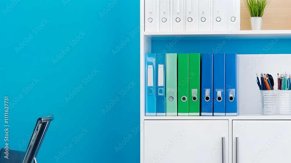 Poster a tidy office space featuring colorful binders on a white shelf against a bright blue wall, creating
