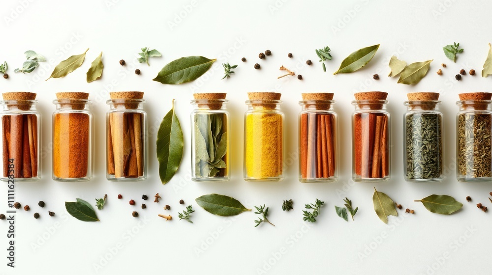 Fototapete colorful jars filled with spices are arranged neatly with bay leaves and cinnamon sticks, creating a