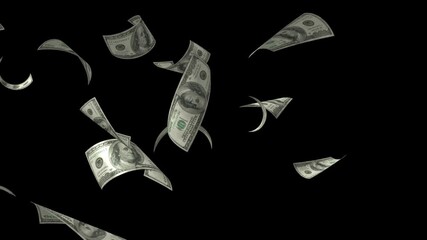 Dollar notes flying free on Black screen, flying money animation 4K