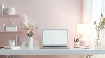 Minimalist workspace with laptop, lamp, and decor in soft pastel shades on a white desk.