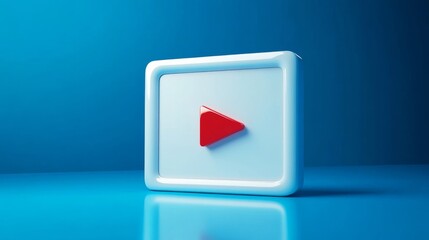 Video player with red button and empty white frame interface, angle view, 3d render. Social media concept, online watching video or music on channel. Minimal page design isolated on blue background