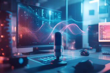 Modern microphone with holographic soundwaves in a high-tech studio setting featuring computer monitors and glowing digital interfaces