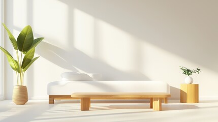 A minimalist living room with a calm atmosphere, plants, and soothing decor elements that promote mindful living and wellness.