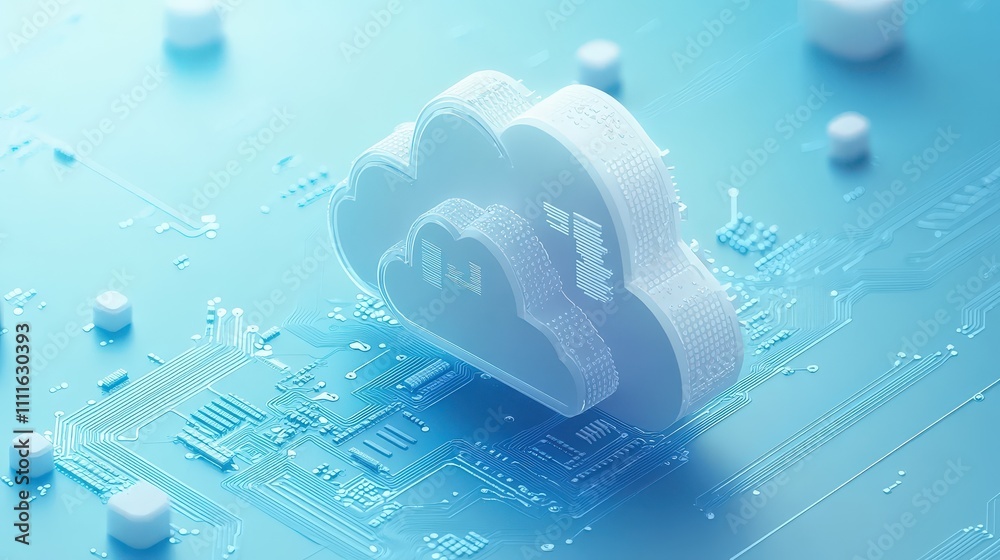 Poster a modern, minimalist design illustrating cloud computing on a circuit board with a subtle blue gradi