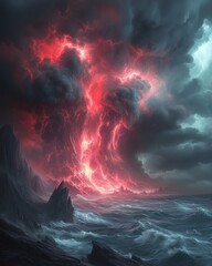 Fototapeta premium Dramatic red and blue storm clouds over a stormy sea with rocky cliffs.