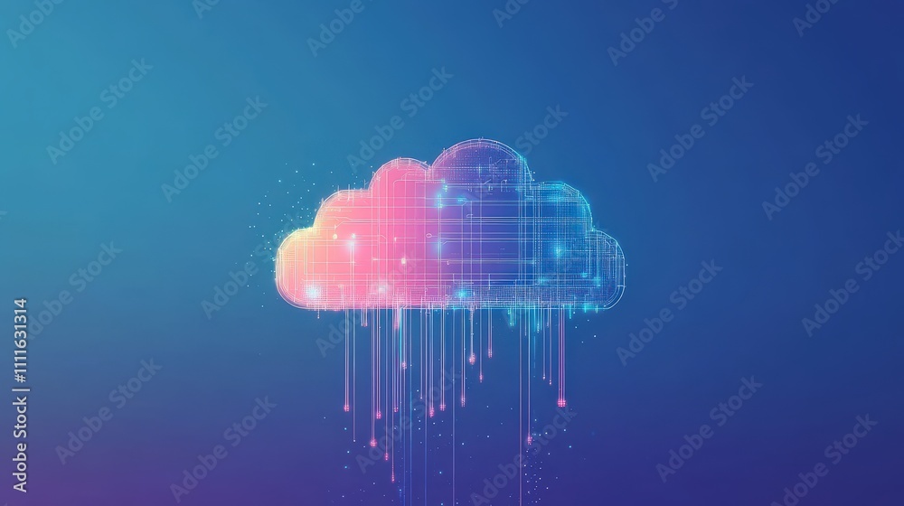 Poster a sleek vector design showcasing cloud computing with a circuit cloud on a blue gradient background.