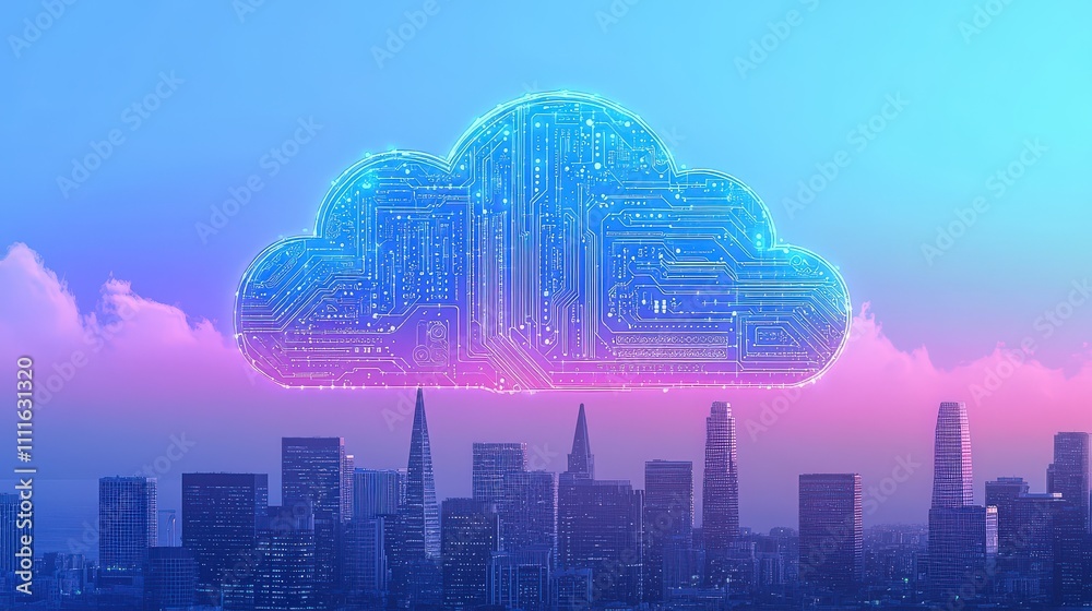 Poster a sleek vector design showcasing cloud computing with a circuit cloud on a blue gradient background.