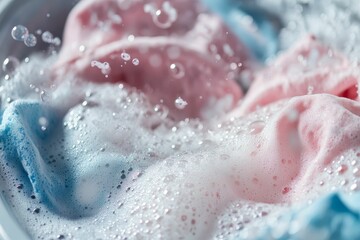 Fototapeta premium Soapy bubbles cover pink and blue fabrics.