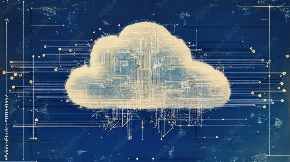 Poster cloud computing technology with a circuit board pattern forming the shape of a cloud. the cloud is s