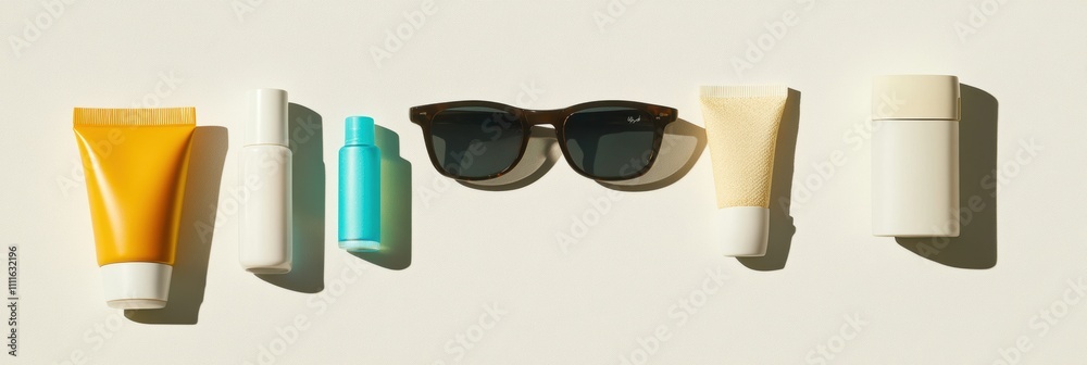 Poster sunscreen and sunglasses arranged on a white surface, creating a perfect setting for summer activiti