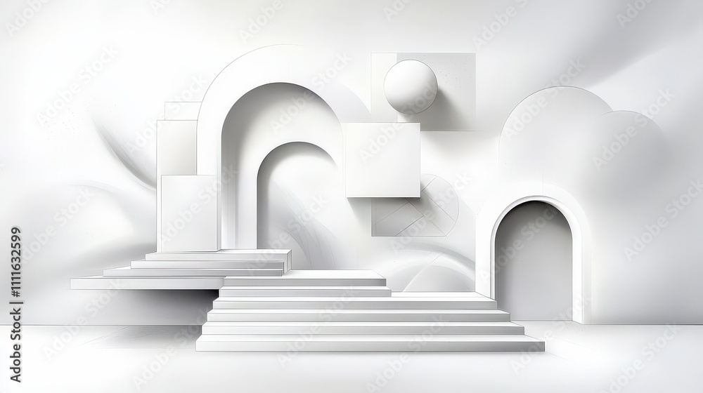Poster abstract drawing of architectural elements like arches and columns in a deconstructed style, with cl