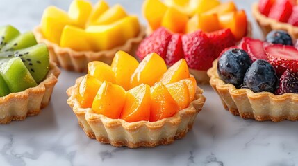 New Year Sweets baking colorful concept. Bright fruit tartlets featuring an array of fresh, vivid fruits arranged in a mandala, luxury baking, natural and colorful elegance