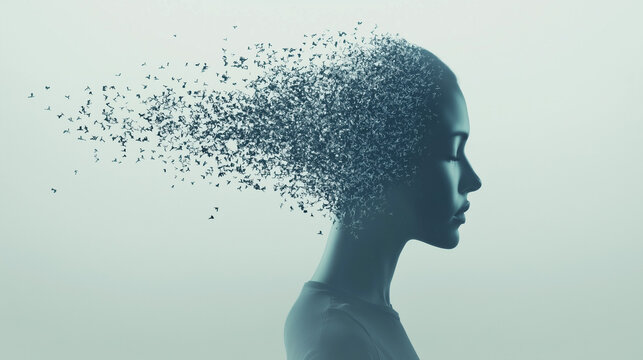 Disintegrating Reality: A woman's silhouette fades into a cascade of particles, symbolizing the fragility of perception and the ephemeral nature of existence.