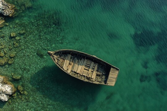 Old wooden boat floats in clear green water near rocky shore.