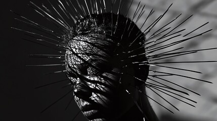 A dark yet poetic image of a person pierced with needles their shadows casting intricate patterns resembling spider webs.