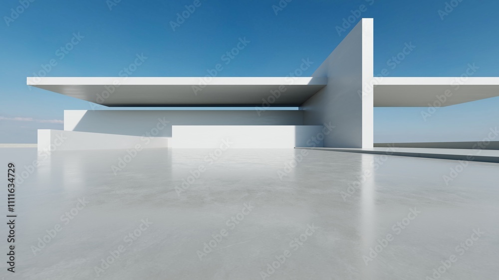 Poster 3d render of abstract modern white concrete architecture with empty cement floor, minimal exterior, 
