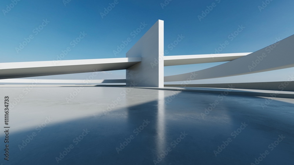 Poster 3d render of abstract modern white concrete architecture with empty cement floor, minimal exterior, 
