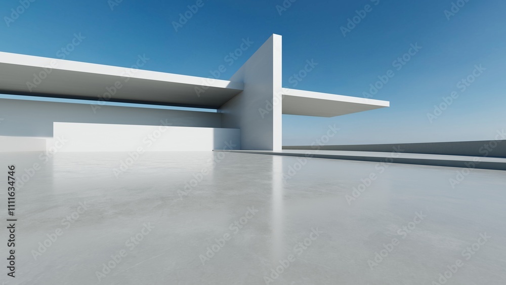 Aufkleber 3d render of abstract modern white concrete architecture with empty cement floor, minimal exterior, 