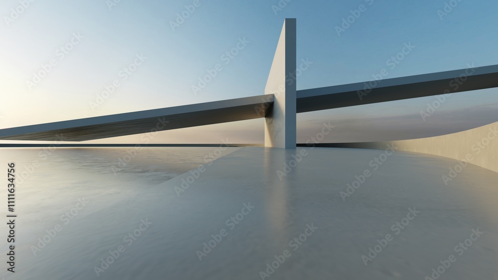 Aufkleber 3d render of abstract modern white concrete architecture with empty cement floor, minimal exterior, 