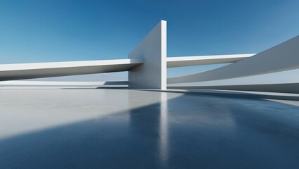 3d render of abstract modern white  concrete architecture with empty cement floor, minimal exterior, car presentation background