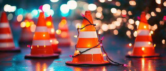 Traffic cones arranged as a Christmas tree, decorated with twinkling lights and ribbons-3