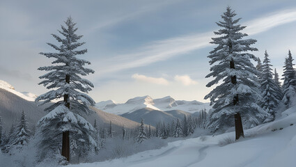 a serene winter landscape in the mountains, with snow-covered peaks and evergreen trees blanketed in frost under a clear blue sky.
