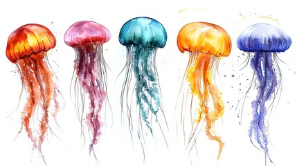 Five colorful jellyfish on a white background in watercolor style.