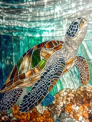 Gordijnen Handmade stained glass sea turtle in rich blues and earthy tones, showcasing intricate details and vibrant colors. stunning piece of art for ocean lovers © Sivadol
