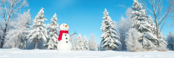 A cheerful snowman standing in a wintry landscape with snow-covered trees and a clear blue sky, January