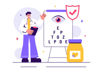 Optometrist Vector Illustration featuring an Ophthalmologist Examining a Patient's Vision, Optical Eye Tests, and Advanced Spectacles Technology