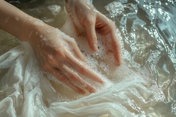 Fototapeta premium Hands gently wash light fabric in sudsy water.