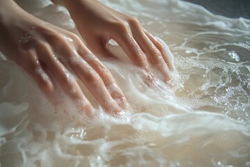 Fototapeta premium Hands wash fabric in soapy water.
