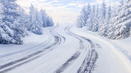 Obraz premium Winding snowy road through snow-covered trees.