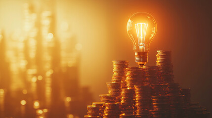 Bright Lightbulb Illuminating Gold Coins as a Symbol of Prosperity and Profitability