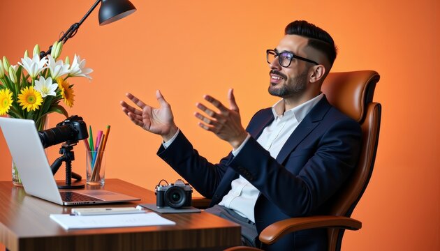 Confident man in blazer gesturing with DSLR and colorful desk setup