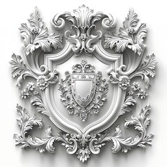 Elegant white 3D rendered heraldic crest with ornate shield and floral scrollwork, isolated on white background.