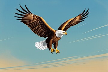 Obraz premium Stunning Golden Eagle Flying in Bright Blue Sky Wildlife Art Illustration