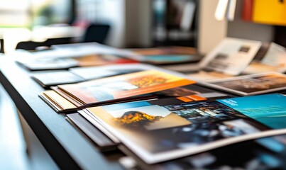 Stack of colorful brochures, table, indoor setting.