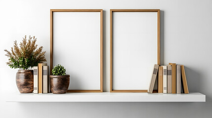 Minimalistic home decor of interior with two brown wooden mock up photo frames above the white shelf with books